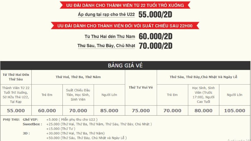 Bảng giá vé rạp CGV Thảo Điền Pearl