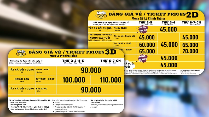 Bảng giá vé tại rạp chiếu phim quận 3 Mega GS Cinemas