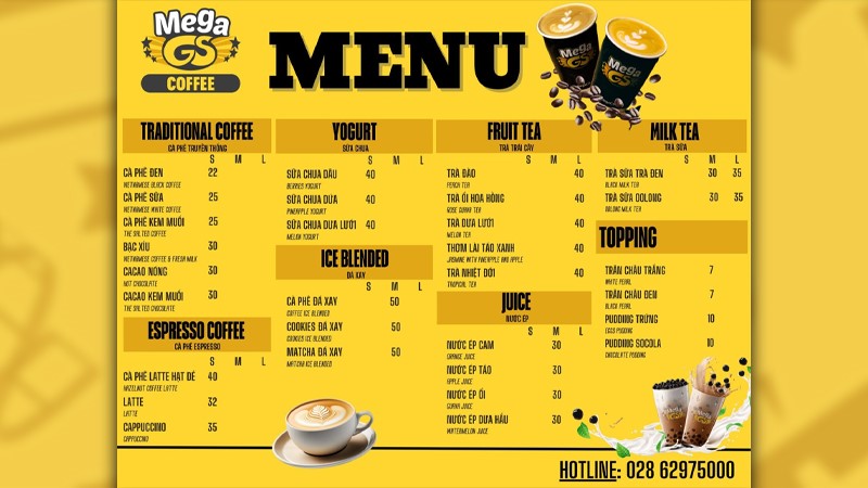 Menu đồ ăn tại rạp Mega GS Cinemas Lý Chính Thắng.